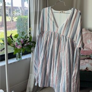 Listicle Striped V-Neck Dress - Pink, Blue, White